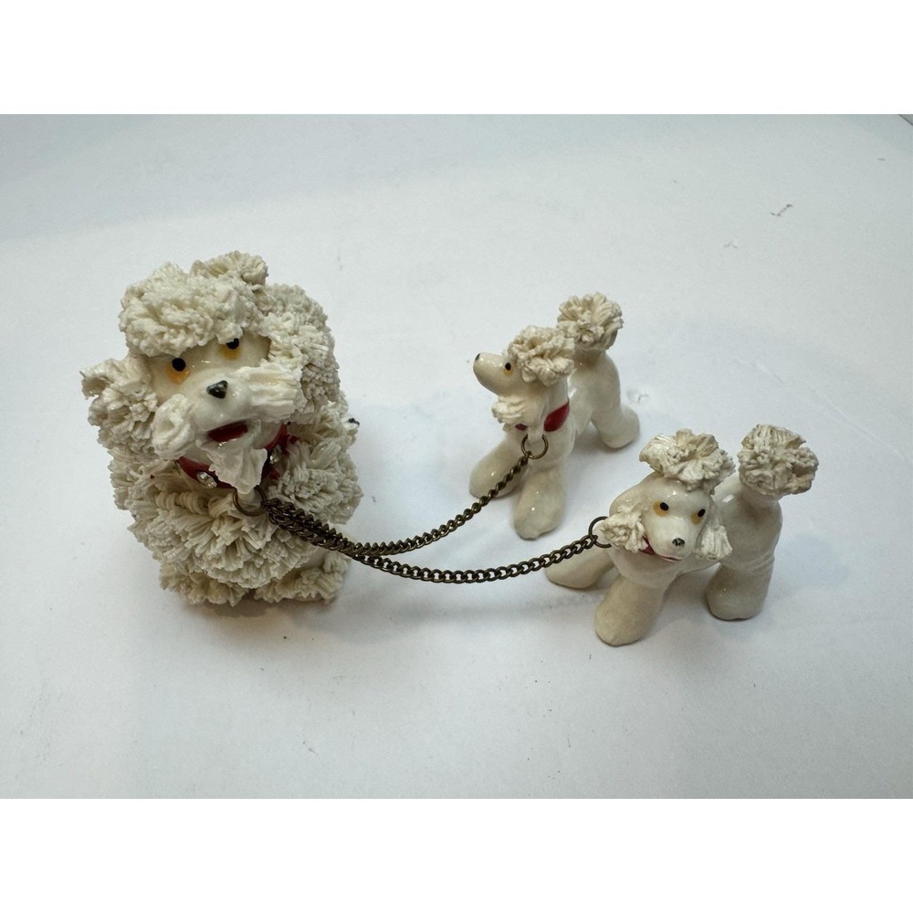 Vintage MCM Saghetti Poodle Dog Family Figurine Set with Chain Leash, Japan‎